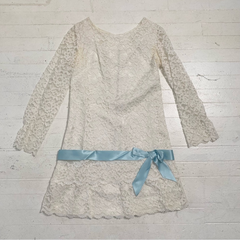 Vintage 60s White Lace Mini Dress with Blue Ribbon